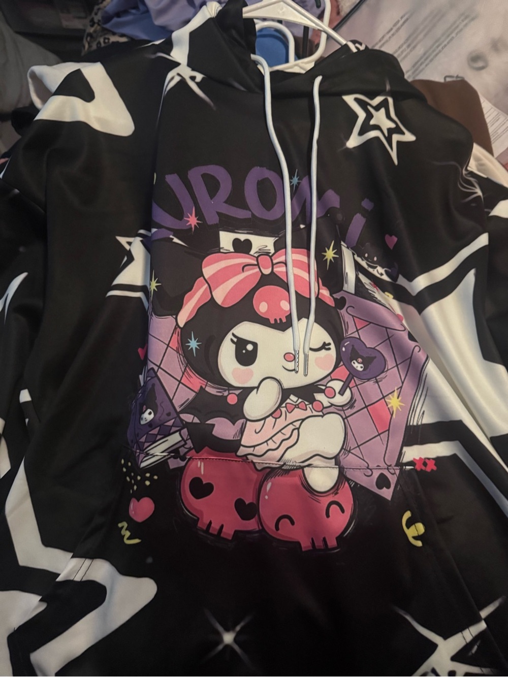 Black Graphic Hooded Jumpsuit with Pink Cartoon Print